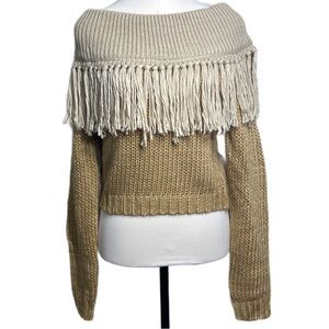 Off the Shoulder Crop Sweater with Fringe